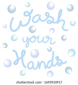 Wash your hands blue text isolated on bubble background