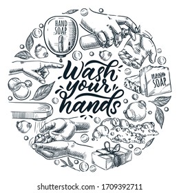 Wash your hands calligraphy lettering poster, banner, or label design template. Vector sketch illustration of human hand, water tap, soap and bubbles. Hygiene, sanitation, disinfection concept