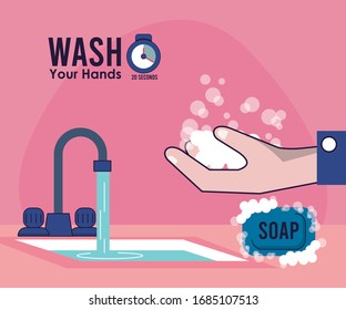 wash your hands campaign poster with water tap vector illustration design