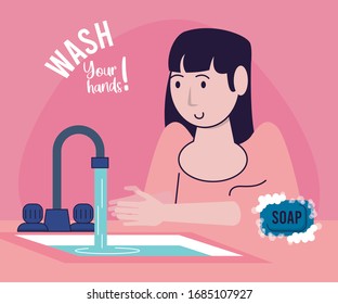wash your hands campaign poster with woman and tap vector illustration design