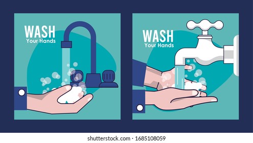 wash your hands campaign poster hands and water tap vector illustration design