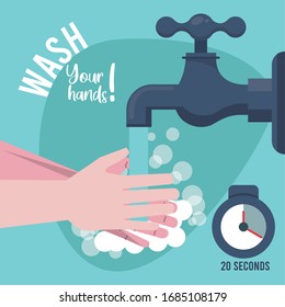 Wash Your Hands Campaign Poster With Water Tap Vector Illustration Design