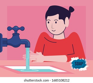 wash your hands campaign poster with woman and tap vector illustration design