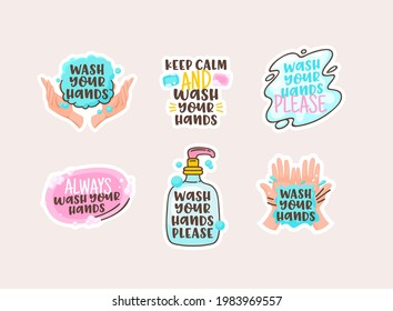 Lávese las pegatinas de dibujos animados con letras de doodle, limpie las palmas humanas y la barra de jabón con botellas y manchas de agua. Prevención de enfermedades, elementos de diseño de higiene. Ilustración vectorial, colección de iconos