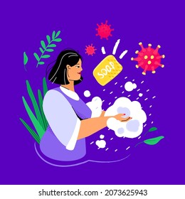 Wash your hands - colorful flat design style illustration. Beautiful woman in the bathroom uses soap to get rid of harmful virus on her palms. Personal hygiene, coronavirus protective measures