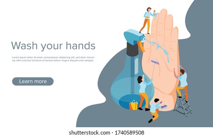 Wash your hands concept. Can use for web banner, infographics, hero images. Flat isometric illustration isolated on white background. Art Vector Concept. 