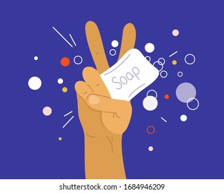 Wash your hands concept. Disinfection, antibacterial, virus protection. Human hand holding soap with bubbles. Shape V, victory sign. Prevent infection, coronavirus bacteria. Vector illustration, flyer