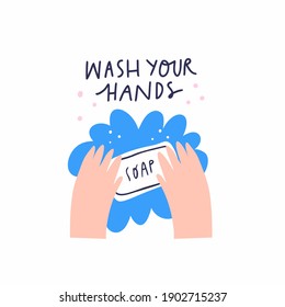 Lávese el concepto de manos hecho en vector. Elemento de diseño dibujado a mano sobre el tema de la pandemia. Diseño médico. Sanitiza tus manos dibujando con letras. Cartel de Cuarentena 2020.