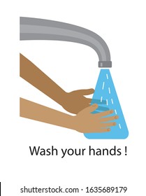 Wash your hands concept. Two hands under running water. Prevention of viral and bacterial infections. Isolated on white background. 