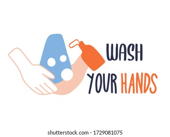 Wash your hands, Coronavirus (COVID-19) Quarantine activities letterings and Design  elements. Things to do at home, stay home, social distancing,  Vector illustration.
