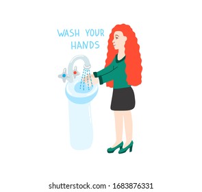 wash your hands - coronavirus quarantine motivational poster with beautiful girl with red hair, covid 19 vector illustration