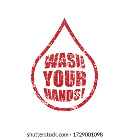 Lávese las manos en forma de gota. Textura gruesa. Símbolo de santificación. Icono de información de lavado de manos Covid-19. Gráfica vectorial de Coronavirus. Distanciamiento social y detengan el logo de la campaña del virus de la corona. Afiche de información.