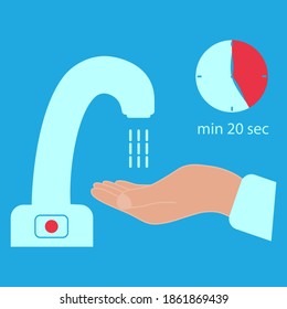 Wash Your Hands During 20 Seconds Minimum With Soap Under Running Water. Hand Washing Under Touch Less Faucet With Timer. Wash Your Hands, Icon. Everyday Hygiene Essentials. Vector Illustration