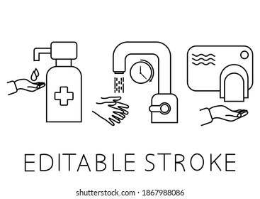 Wash your hands during 30 seconds under running water. Using hand sanitizer and touches less dryer. Wash your hands, icon. Editable stroke. Everyday hygiene essentials. Vector illustration