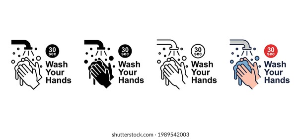 Wash your hands every 30 seconds or as often as possible with soap under running water. Hand washing with soap and watering, wash your hands icon. Vector illustration.Design on white background.EPS 10