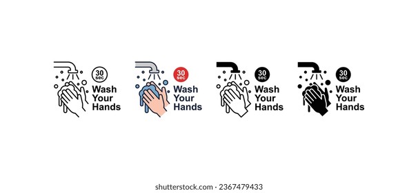 Wash your hands every 30 seconds or as often as possible with soap under running water. Hand washing with soap and watering, wash your hands icon. Vector illustration.Design on white background.EPS 10