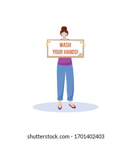 Wash your hands flat color vector faceless character. Stop virus transmission with proper hygiene. Woman holding sign isolated cartoon illustration for web graphic design and animation