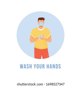 Wash your hands flat detailed icon. Healthcare protection means during virus spread. Sanitation, disinfection. Hygiene sticker, clipart with 2D character. Isolated complex cartoon illustration