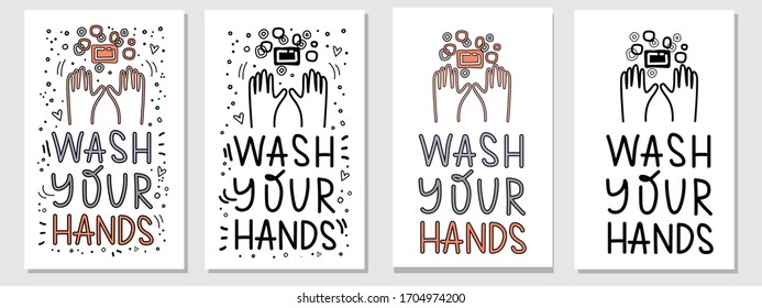 WASH YOUR HANDS flat hand drawn vector set. Doodle collage lettering. Kawai new hobby style poster, banner design