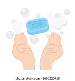 Wash your hands.  Hands in foam soap bubbles. Disinfection concept. Personal hygiene. Antibacterial washing. Vector.
