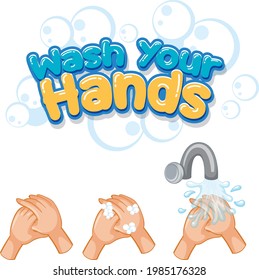 Wash your hands font design with virus spreads from shaking hands on white background illustration