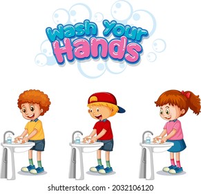 Wash Your Hands Font Design With Kids Washing Their Hands On White Background Illustration