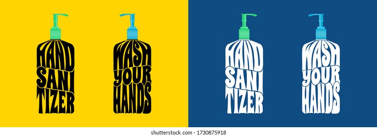 Wash your hands with hand sanitizer text wrap vector illustration concept, isolated on solid yellow and classic blue background.