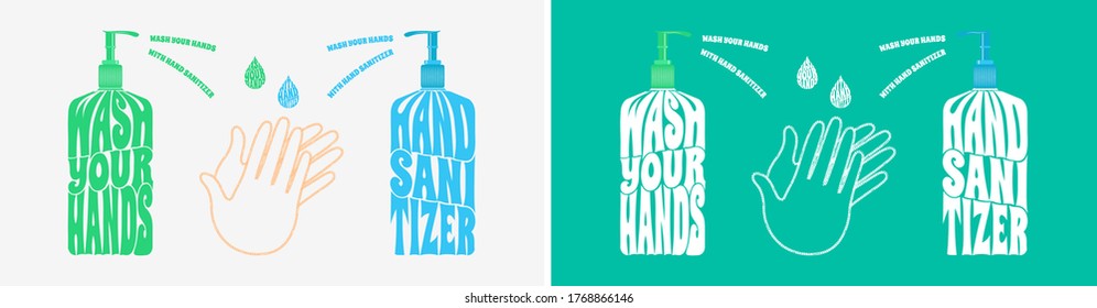 Wash your hands with hand sanitizer, text warp poster vector illustration concept, isolated on white and turquoise background.