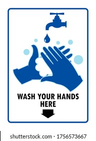 Wash your hands here advice lettering and design on white and blue background vector illustration