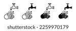 Wash your hands icons set. Hand washing icon. Wash your hands under running water. Washing hands sign with water tap or faucet symbol in flat and line style, vector illustration