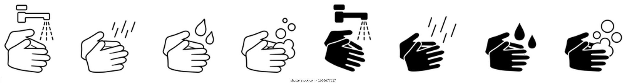 Wash your hands icons set, simple black and white hand drawing with water tap, drop, soap bubble sign