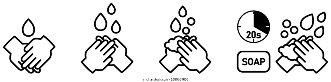 Wash Your Hands Icons Set, Simple Black And White Hand Drawing With Drop, Soap Bubble And 20s Timer Sign - Can Be Used During Coronavirus Covid19 Virus Outbreak Prevention