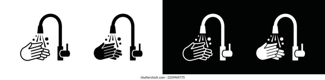 Wash your hands icons set. Hand washing icon. Wash your hands under running water. Washing hands sign with water tap or faucet symbol in flat and line style, vector illustration