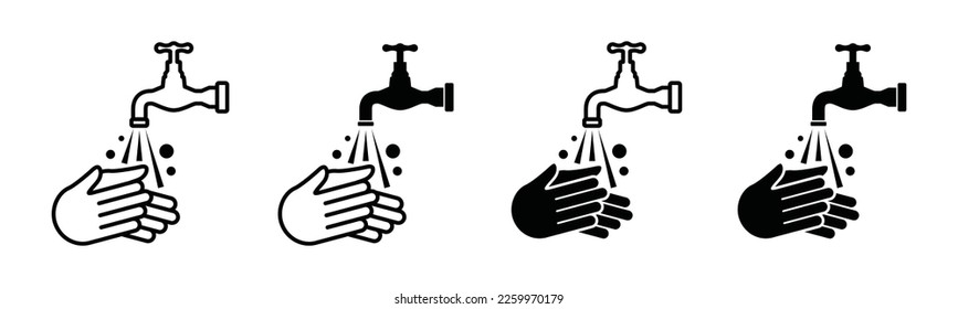 Lávese los iconos de las manos. Icono de lavado de manos. Lávate las manos bajo el agua corriente. Señal de las manos de lavado con un grifo de agua o símbolo de grifo en estilo plano y de línea, ilustración vectorial