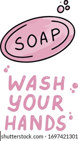 Wash your hands. Icons trendy color doodles isolated on a white background, lettering, calligraphy, pink text. Protection from coronavirus. Vector illustration.