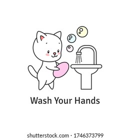 Wash Your Hands. Illustration Of A Cute Cat Washing His Paws With A Soap. Vector 8 EPS.