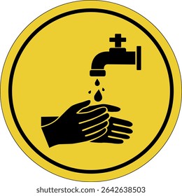 Wash your hands. Keep your hands clean. Water tap. Hand disinfection. Yellow circle sticker. Warning icon. Yellow sign. Circle label.