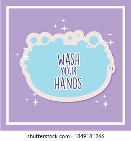 wash your hands lettering in soap bar covid19 pandemic stickers vector illustration design