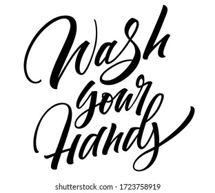 Wash Your Hands lettering. Social media hashtag popular during coronavirus outbreak. Phrase for COVID-19 spread prevention. Template for banner, card, poster, t-shirt