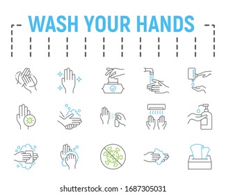 Wash your hands line icon set, health symbols collection, vector sketches, logo illustrations, hygiene icons, stop coronavirus signs linear pictograms package isolated on white background