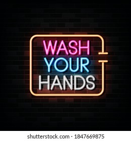 Wash your hands neon signs vector. Design template neon sign