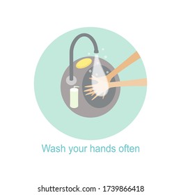 Wash your hands often helps to prevent infection. Vector illustration. Flat design style.