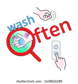 Wash your hands often typographic design. Preventing infection. Vector illustration outline flat design style.