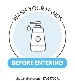 Wash your hands outline flat style vector sign with hand soap bottle illustration. Instructional vector sign sticker