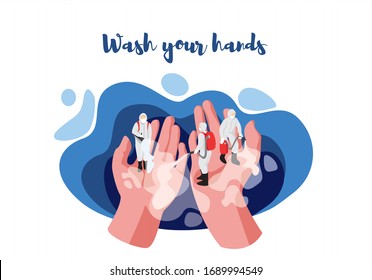 Wash Your Hands, People Hand Sanitizer, Disinfect, Handling. Sanitizers, People In Protective Suits, Virus And Microbes Treatment. Workers Sprays Disinfectant, Social Distancing, Coronavirus COVID-19 