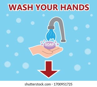 Wash your hands. Poster. caution. Coronavirus. covid-19. protect yourself. do not touch eyes, nose, mouth. information. hygiene. soap. warning. pandemic. 