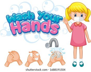 Wash your hands poster design with girl wearing mask illustration