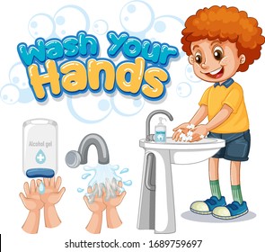 Wash Your Hands Poster Design With Boy Washing Hands Illustration