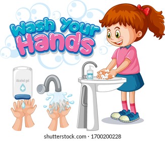 Wash Your Hands Poster Design With Girl Washing Hands Illustration