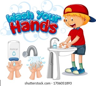 Wash your hands poster design with happy boy illustration